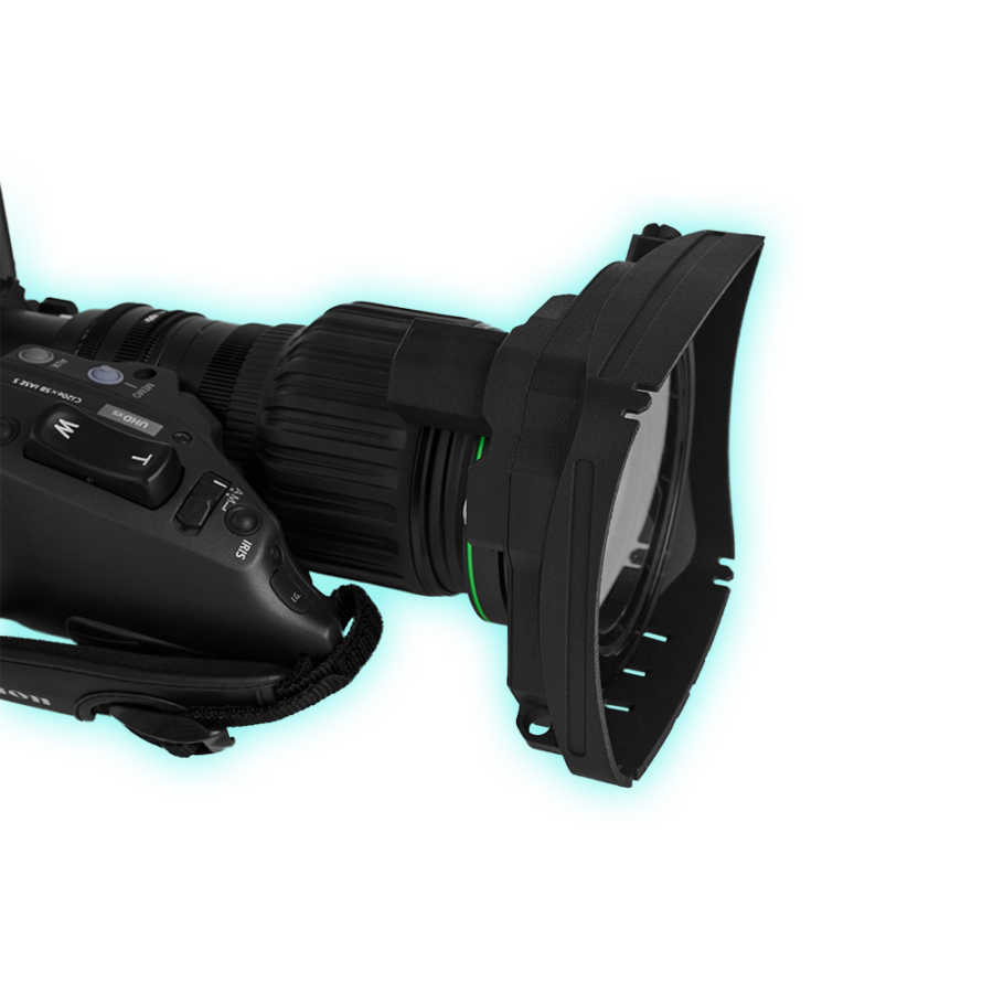 Rainaway TV mounted on a broadcast lens, attached in front of the camera body